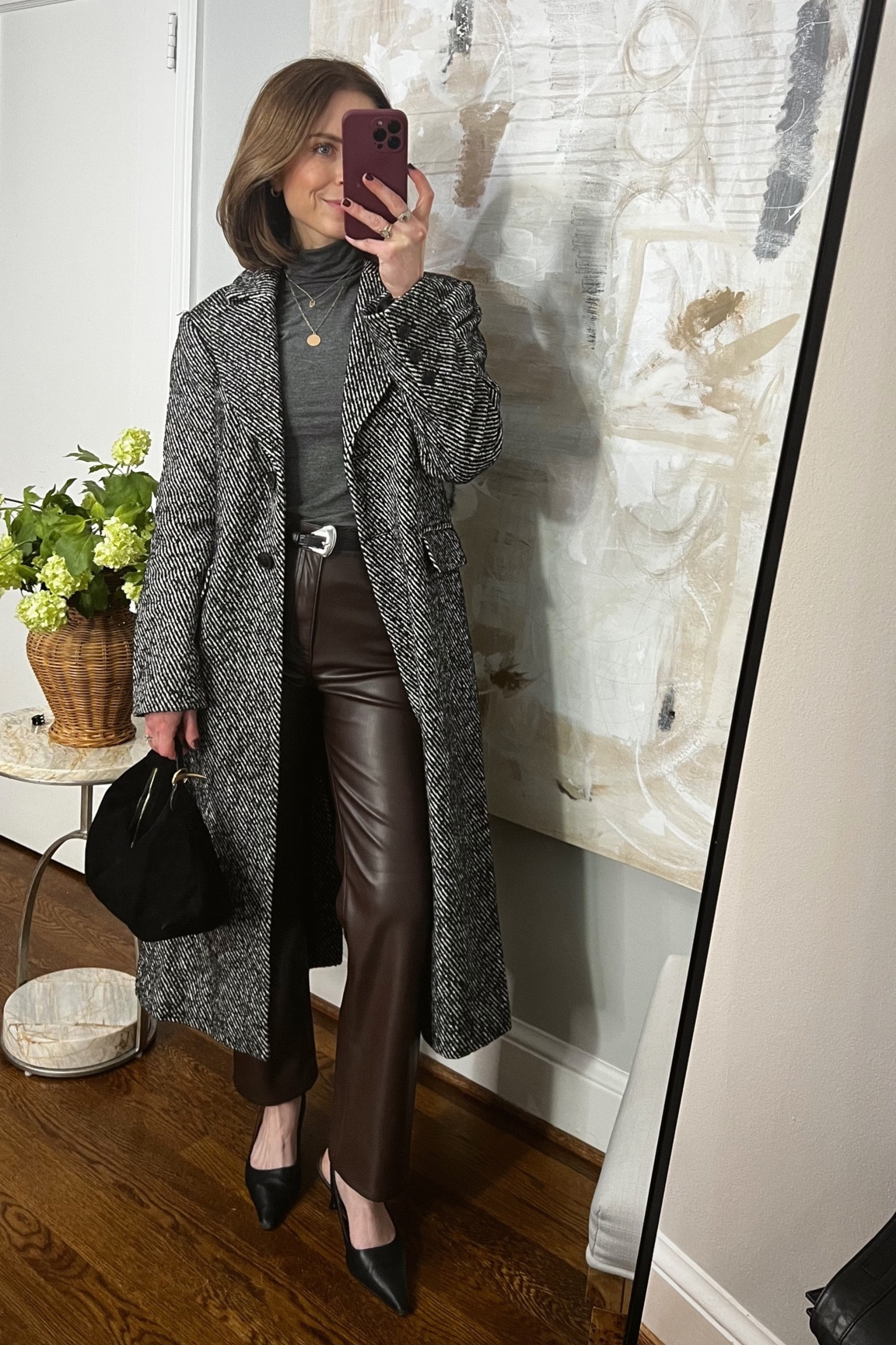 Gray turtleneck 4 ways
Sold out nyc gray turtleneck 
Brown faux leather pants pistola
Herringbone Aligne coat
Black leather slingbacks Sam Edelman

#LTKstyletip #LTKshoecrush