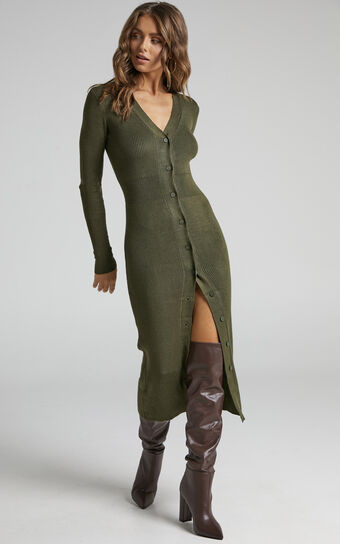 Leahanna Button Front Knit Midi Dress in Olive | Showpo (ANZ)