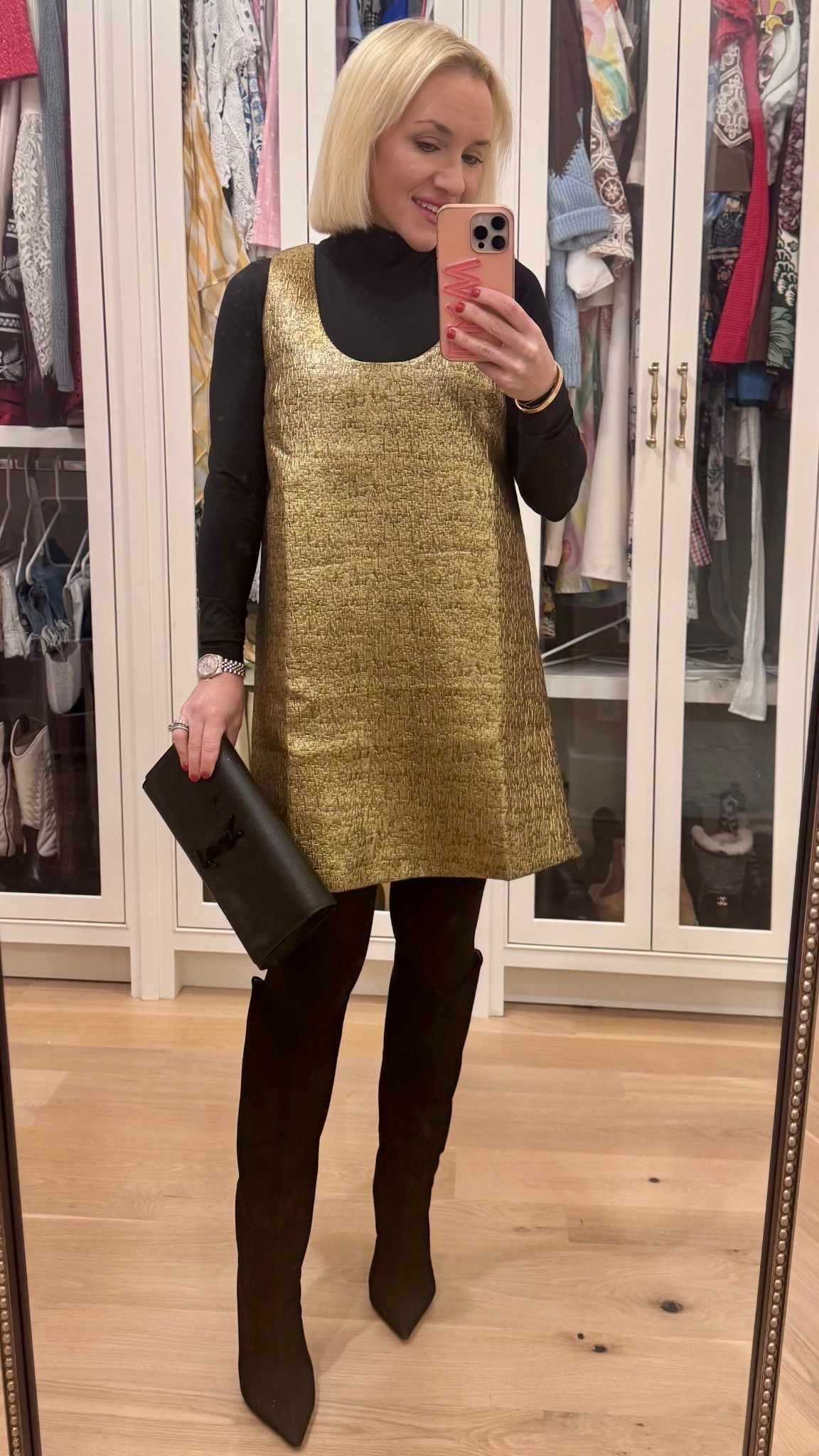 Gold Tuckernuck dress. Winter look. Black suede boots. Dress & turtleneck look. Tuckernuck. Petite style. Winter fashion. 

#LTKPetite #LTKFindsUnder50 #LTKSeasonal