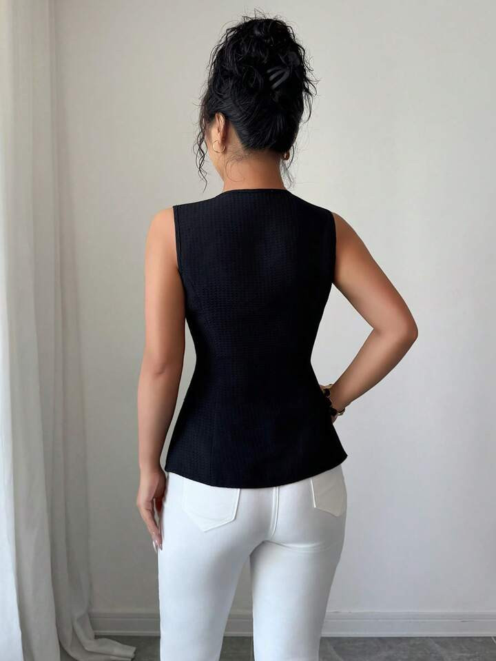 Gloray Fashionable Sleeveless Waist Cinched Black Jacket With Gold Button Decoration, Versatile D... | SHEIN