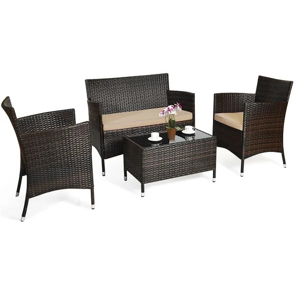 Gymax 4PCS Patio Rattan Outdoor Furniture Set w/ Cushioned Chair Loveseat Table | Walmart (US)