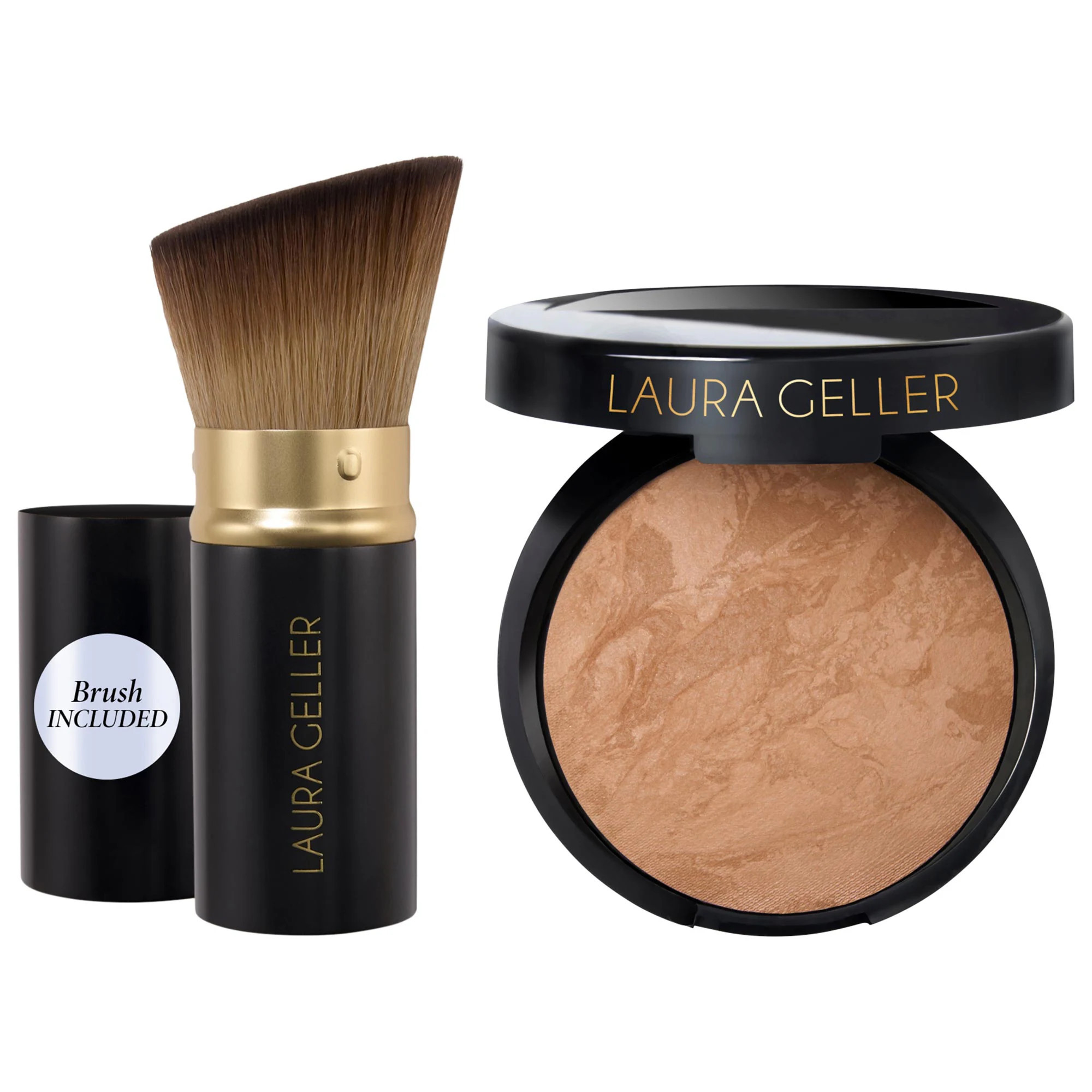 Laura Geller Balance and Brighten Color Correcting Baked Powder Foundation + Kabuki Brush Golden Medium 0.32 oz/9 g | Sephora (US)
