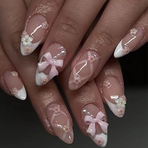Bow Press on Nails French Tip Almond With 3D Pink Flowers Pearls Designs - False Full Cover Stick on Acrylic Artificial Nails for Women 24Pcs | Amazon (US)