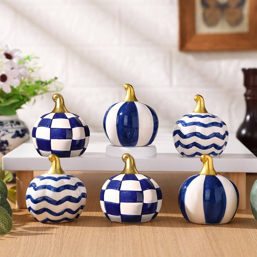 DoubleFill 6 Pcs Blue and White Grid Ceramic Pumpkin Fall Table Centerpiece | Amazon (US)