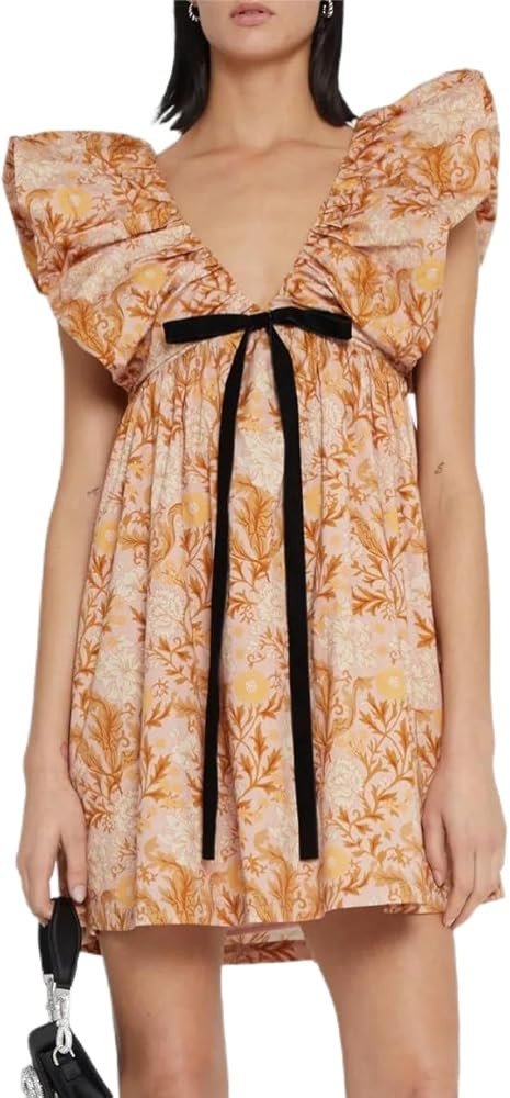 Women Y2k Floral Print Mini Dress Boho V Neck Puff Sleeve Short Dress Bow Tie Flowy Dress Beach S... | Amazon (US)
