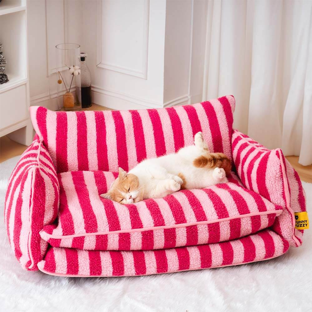 Trendy Striped Faux Lambswool Double Layer Cat Couch Sofa Bed | FunnyFuzzy Affiliate Program