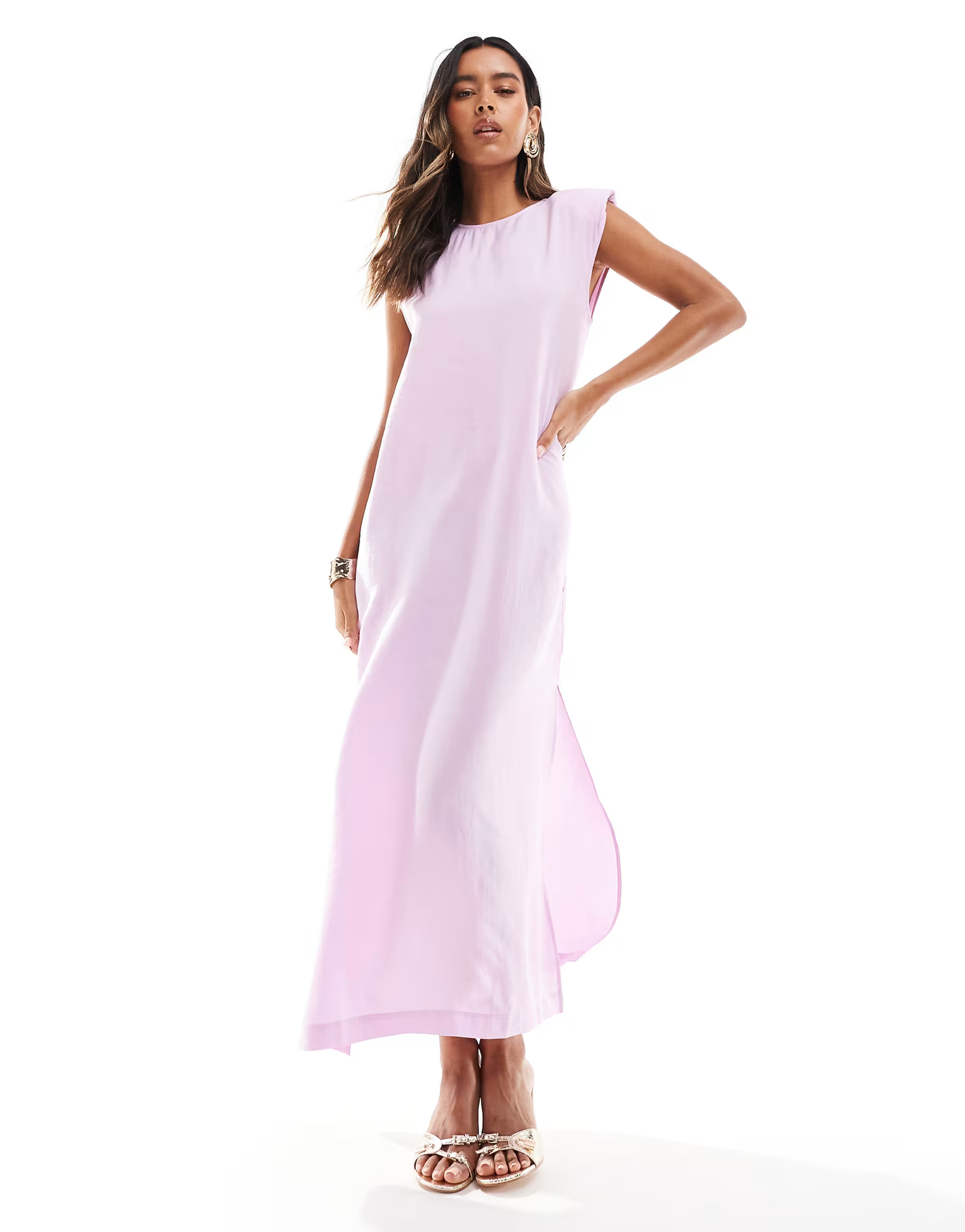 ASOS DESIGN sleeveless shoulder Pad T-shirt midi Dress in light pink | ASOS (Global)