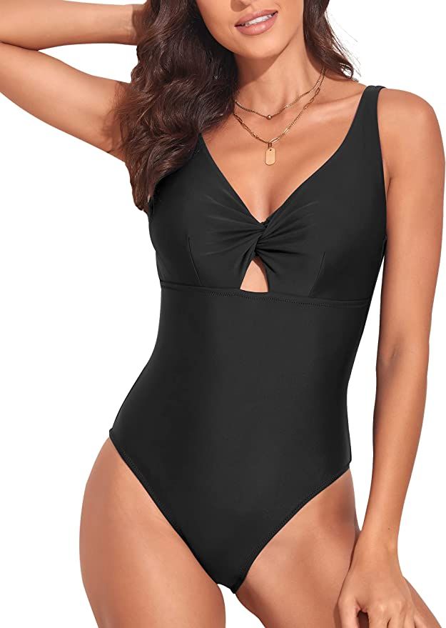 Firpearl Women's Sexy V Neck One Piece Swimsuit Front Twist Keyhole Bathing Suit Tummy Control Sw... | Amazon (US)