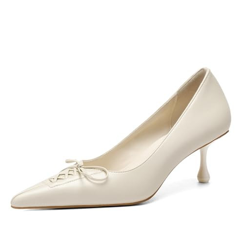 LUMUTA Women's Kitten Heel Heels Closed Pointed Toe Tie Bow Slip On Party Work Formal Heels White Size/9.5 | Amazon (US)