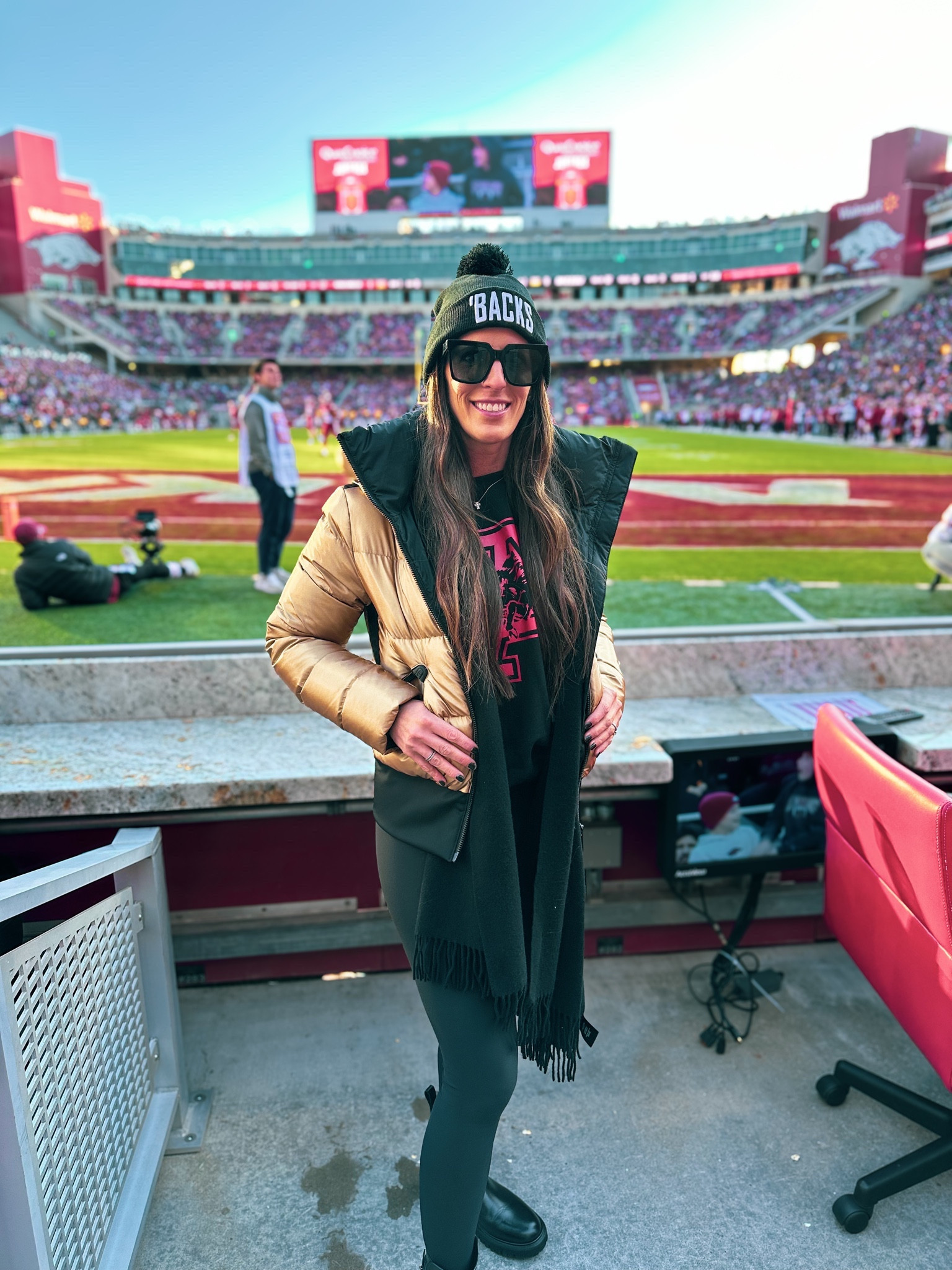 Bundled up for the game! Cheers to a season filled with unforgettable moments, win or lose! 🏈🐗 #RazorbackMemories grab my favorite leggings and scarf on sale during cyber week! 

#LTKover40 #LTKSeasonal #LTKCyberWeek