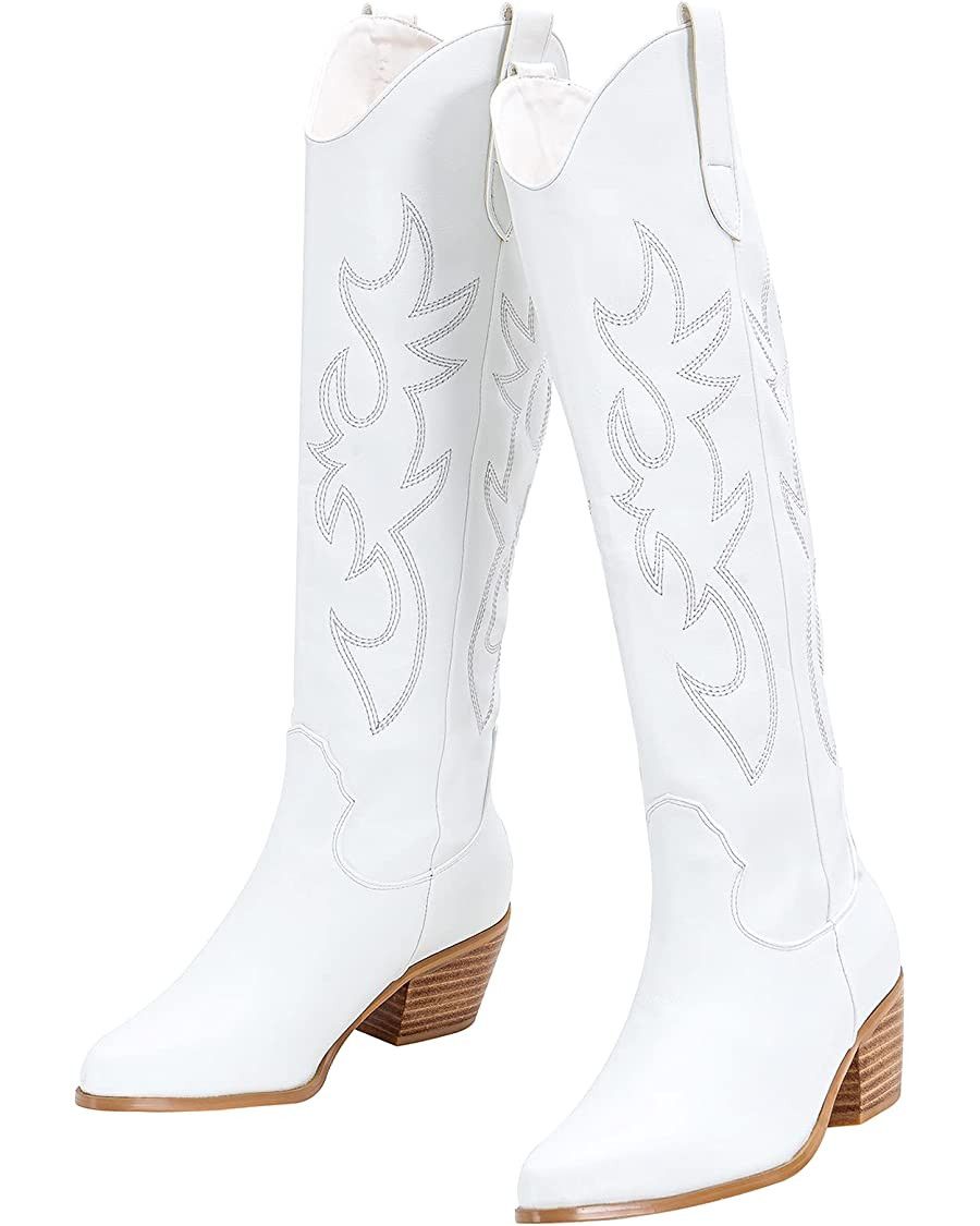 Women's Embroidered Western Cowboy Boots Knee High Stitching Almond Medium Heel Chunky Heel 5cm P... | Amazon (US)