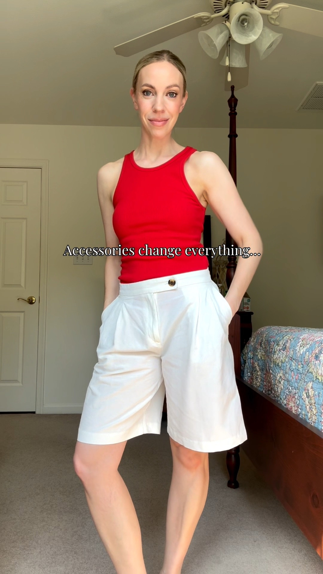 One outfit three ways featuring the same red tank and white linen bermuda shorts - wear these for vacation, date night or just to run errands!

#LTKTravel #LTKgrwm #LTKSaleAlert