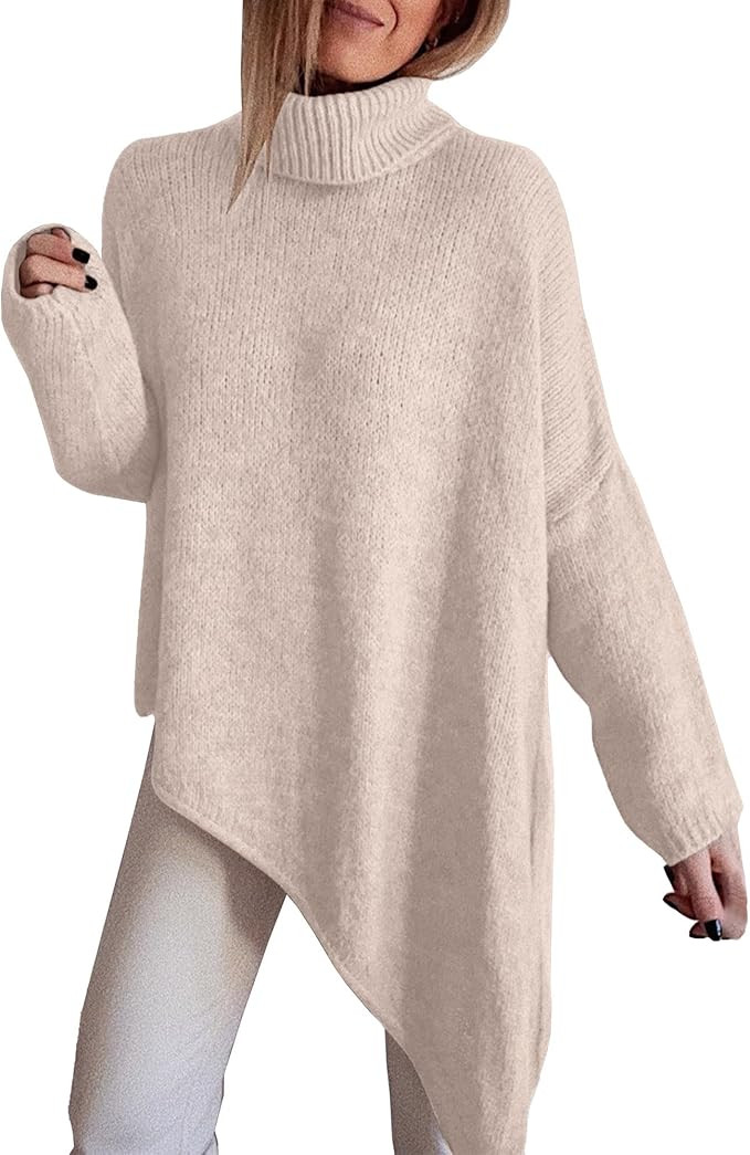 BTFBM Women Long Sleeve Turtleneck Knit Sweater Asymmetric Hem Oversized Fall Winter Sweaters Cas... | Amazon (US)