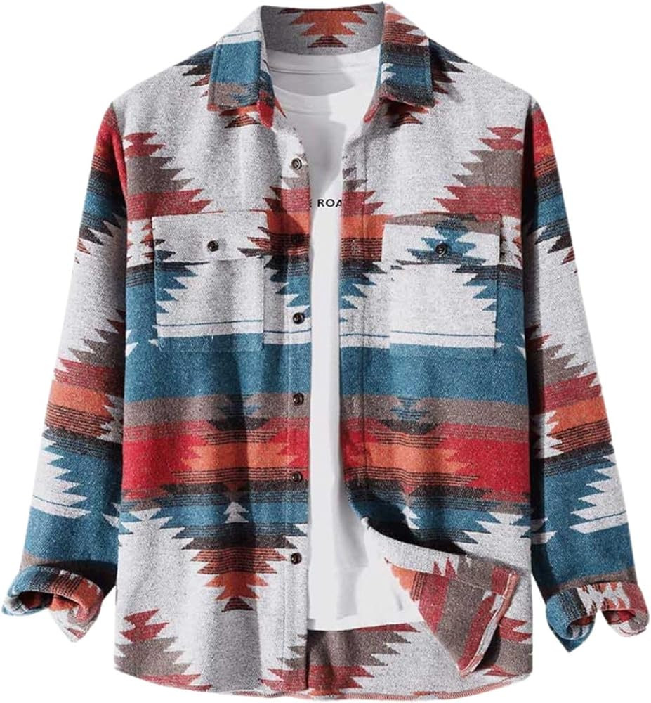 FindThy Men’s Brushed Flannel Shirts Ethnic Aztec Print Button Up Lapel Tribal Shirt Jacket Sha... | Amazon (US)