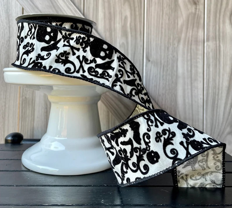 5 Yards, 2.5 Inch Wired Ribbon, Halloween Ribbon, Skull Ribbon, White Ribbon, Scroll Ribbon, Blac... | Etsy (US)