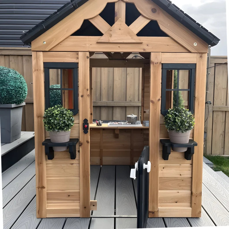 Cedar Wood Playhouse Outdoor for Kids Toddler with Flowert Box, Doorbell, Play Phone Outdoor, Gif... | Etsy (US)