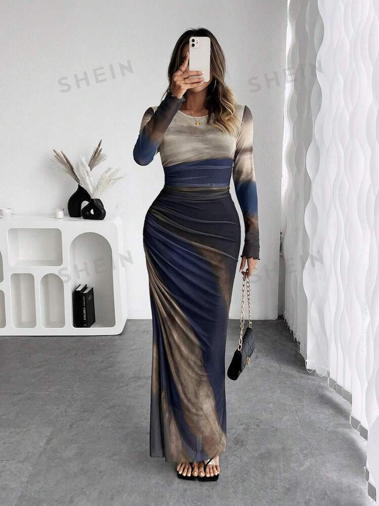 SHEIN Allurite Women Ombre Print Crew Neck Long Sleeve Dress Maxi Women Outfit | SHEIN