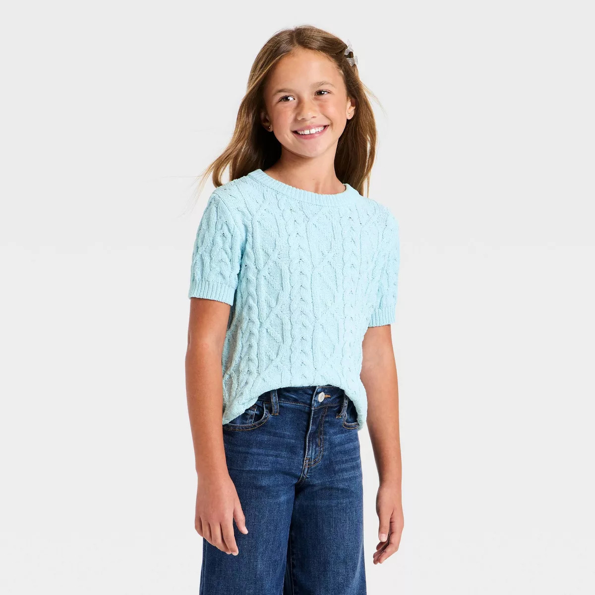 Girls' Short Sleeve Cable Knit Pullover Sweater - Cat & Jack™ Light Blue XS | Target