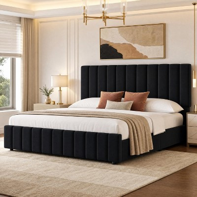 Linen Upholstered Bed Frame with 4 Storage Drawers, Adjustable Headboard, No Box Spring Required, Easy Assembly | Target