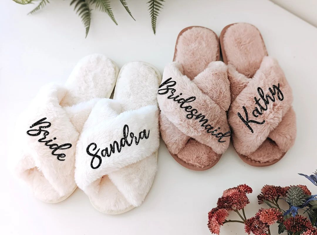 Fluffy Bride Bridesmaid Slippers Bachelorette Party Gifts for Bridesmaid Proposal Bridal Shower S... | Etsy (US)