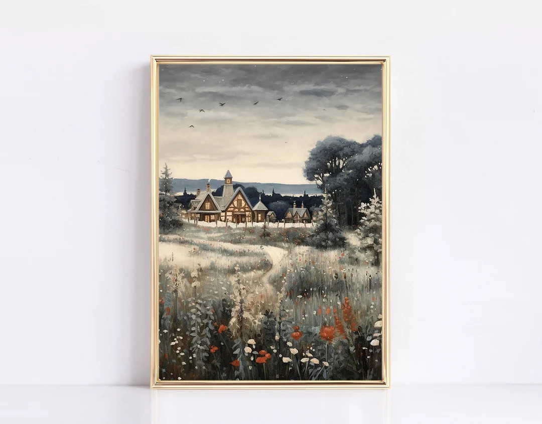 Christmas Village Print Christmas Town Print Neutral Vintage Digital Print Christmas Landscape Mo... | Etsy (US)