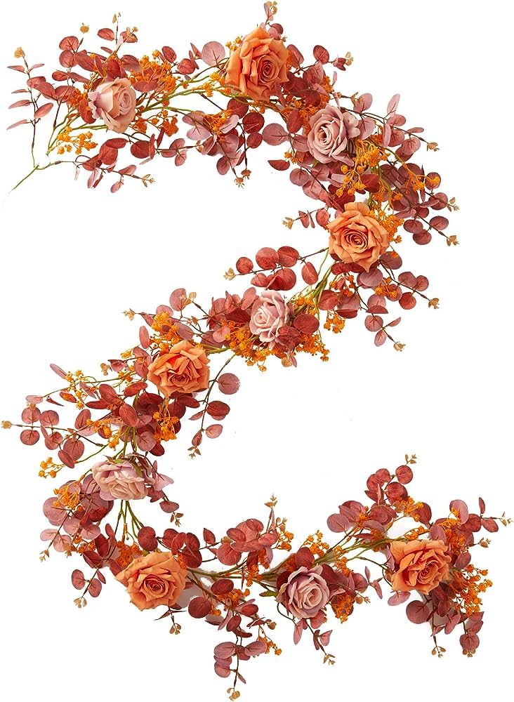 Anna's Whimsy 5.91FT Fall Garland Artificial Eucalyptus Garland with Flowers, Fall Decor Fake Ros... | Amazon (US)