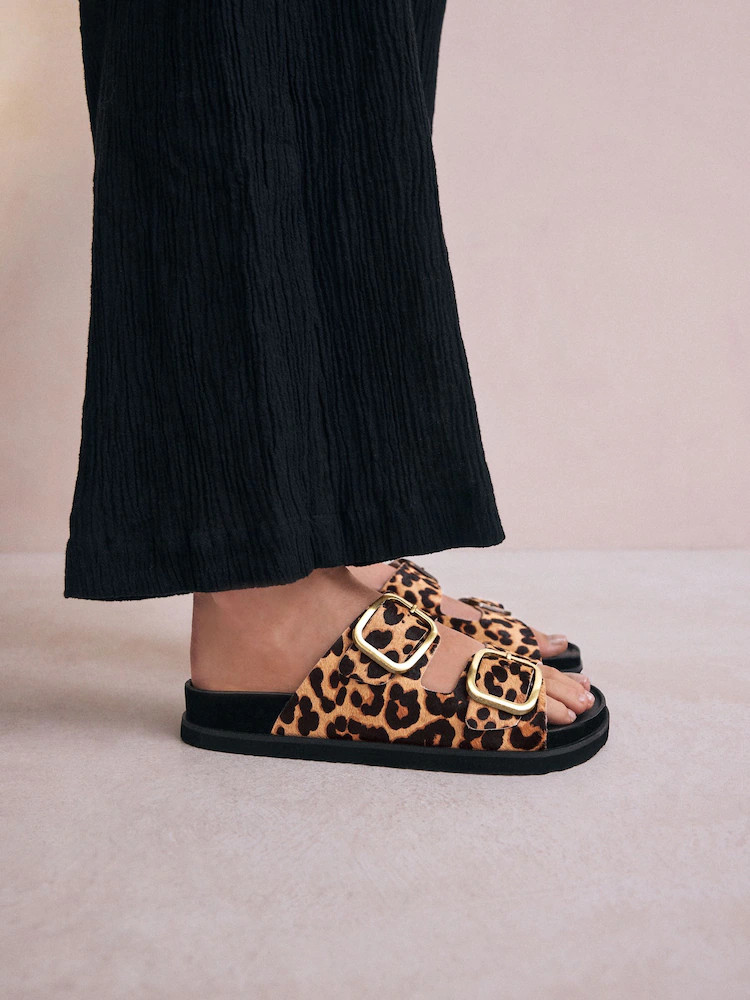 Leopard Print Leather Premium Double Strap Footbed Sandals | Next US