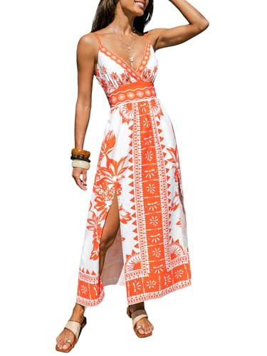 CUPSHE Boho Summer Womens Maxi Dress 2026 Spaghetti Strap V Neck Floral Beach Slit A-Line Flowy Sundress Vacation Resort Wear Burnt Orange, M | Amazon (US)