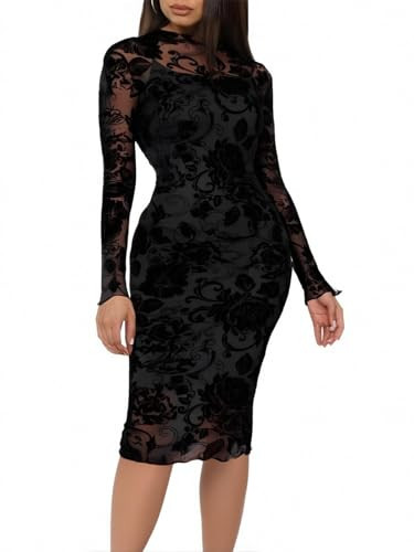 Mojessy Sexy Dresses for Women Long Sleeve See Through Bodycon Midi Dresses 2 Piece Dress Set Birthday Date Night Outfit Black L | Amazon (US)