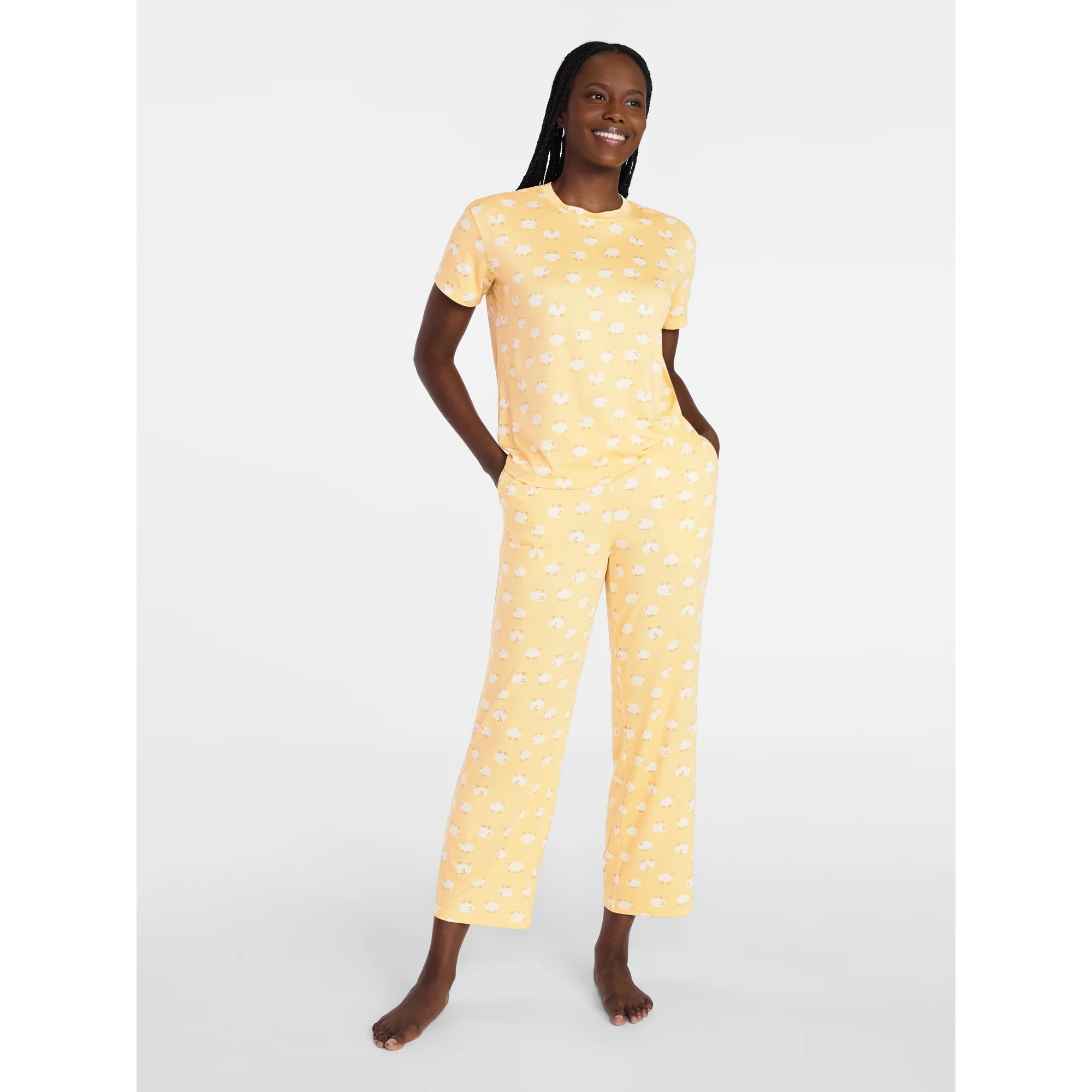 Joyspun Women's Dreamy Soft Collection Short Sleeve Sleep Top and Open Leg Pants Pajama Set, 2-Pi... | Walmart (US)