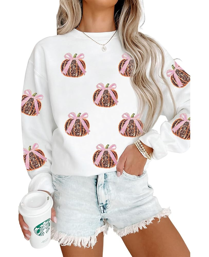 Halloween Sweatshirts For Women Sequin Pumpkin Tops Orange Long Sleeve Shirts Crew Neck Casual Pu... | Amazon (US)