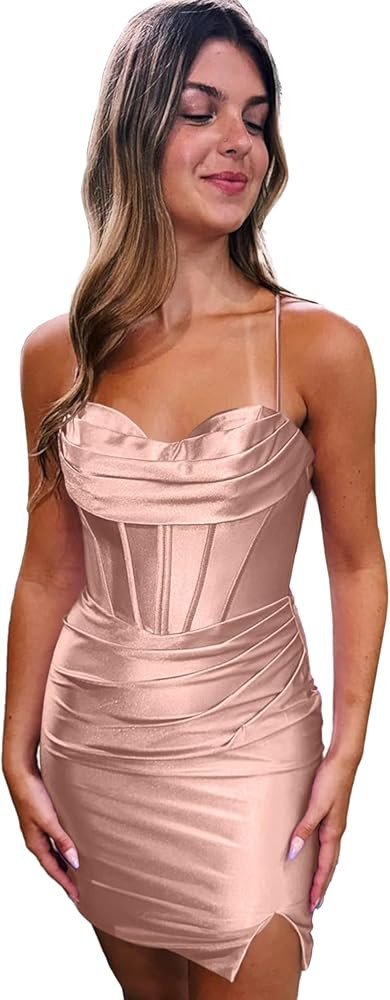 Satin Cowl Neck Homecoming Dresses for Teens 2024 Short Tight Spaghetti Strap Cocktail Party Gown... | Amazon (US)
