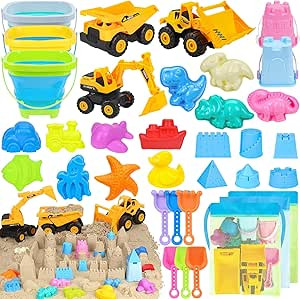 Beach Toys, 35Pcs Sand Toys with 3 Construction Vehicles, 3 Collapsible Beach Bucket, Sand Castle... | Amazon (US)
