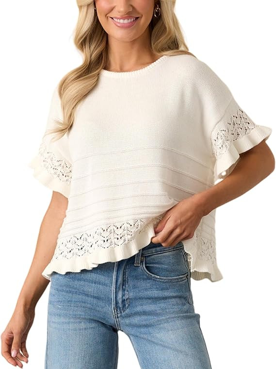 Yeokou Womens Short Sleeve Sweater Round Neck Ruffled Hem Knit Crochet Pullover Summer Fall Casua... | Amazon (US)