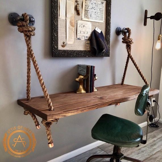 Rope & Pipe Desk  Farmhouse Suspended Wood  Wall Mounted  | Etsy | Etsy (US)