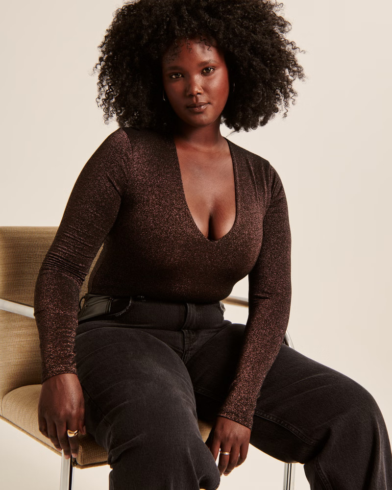 Long-Sleeve Sparkle V-Neck Bodysuit | Abercrombie & Fitch (US)
