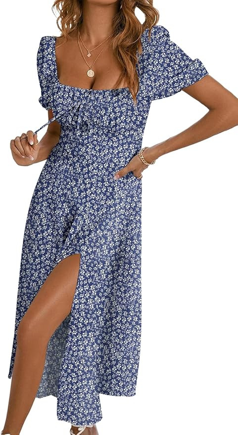 BLENCOT Casual Womens Summer Short Sleeve Square Neck Split Midi Dresses | Amazon (US)