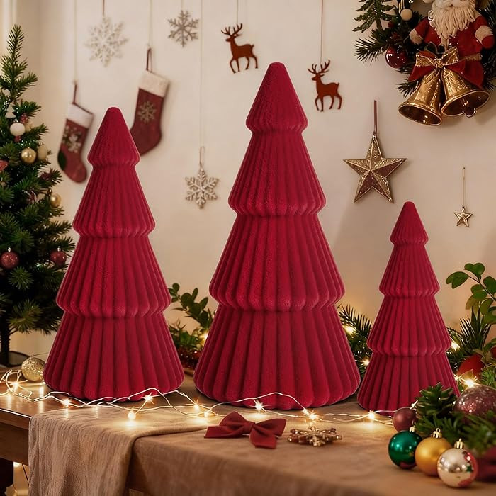 Red Christmas Table Decorations Indoor- 3 Pcs Flocked Velvet Christmas Trees with Lights, Modern ... | Amazon (US)