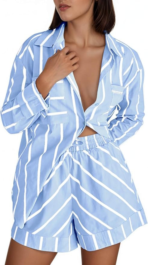 Tankaneo Womens Striped 2 Piece Outfits Button Down Shirts and Shorts Lounge Matching Sets | Amazon (US)