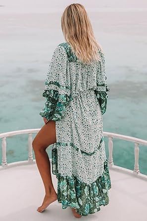 Women Floral Print Long Sleeve Boho Dress Ladies V Neck Split Evening Party Long Maxi Dresses | Amazon (US)