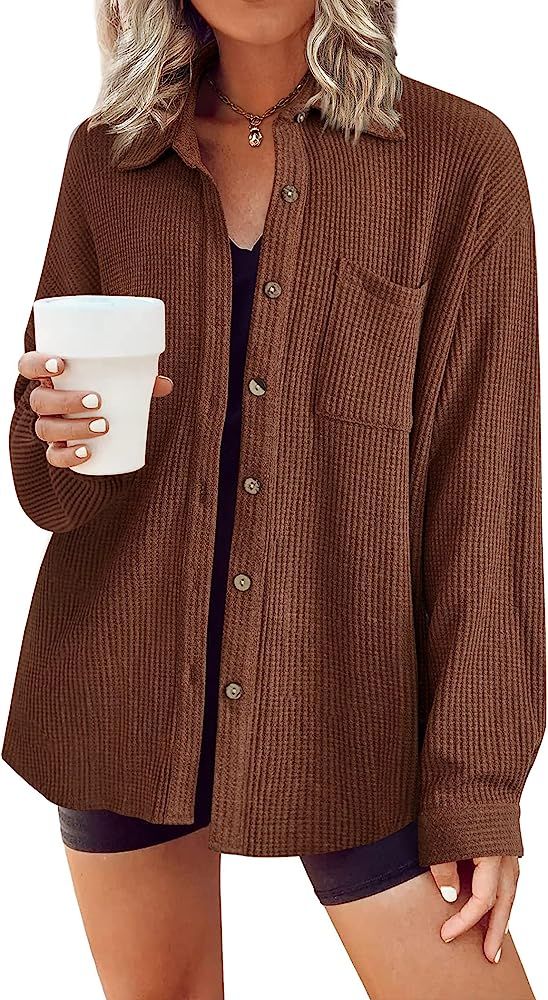 HOTOUCH Waffle Button Down Shirt Women Casual Knit Tops Long Sleeve Loose Fit Shacket with Pocket | Amazon (US)