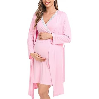 SWOMOG Womens Maternity Nursing Nightgown and Robe Set 3 in 1 Pregnancy/Delivery/Labor Lace Dress... | Amazon (US)