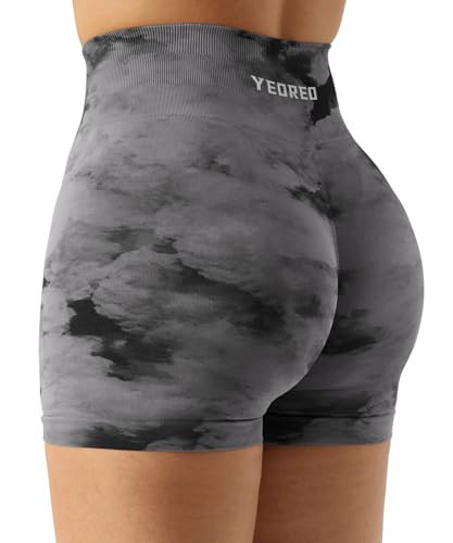 YEOREO Scrunch Butt Workout Shorts Tie Dye High Wasisted 3.6" Gym Shorts Black Grey S | Amazon (US)
