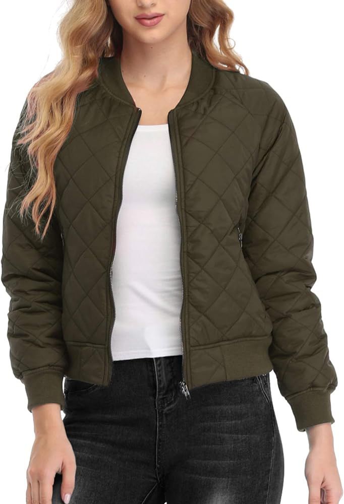 andy & natalie Women's Quilted Jacket Long Sleeve Zip up Raglan Bomber Jacket with Pockets | Amazon (US)