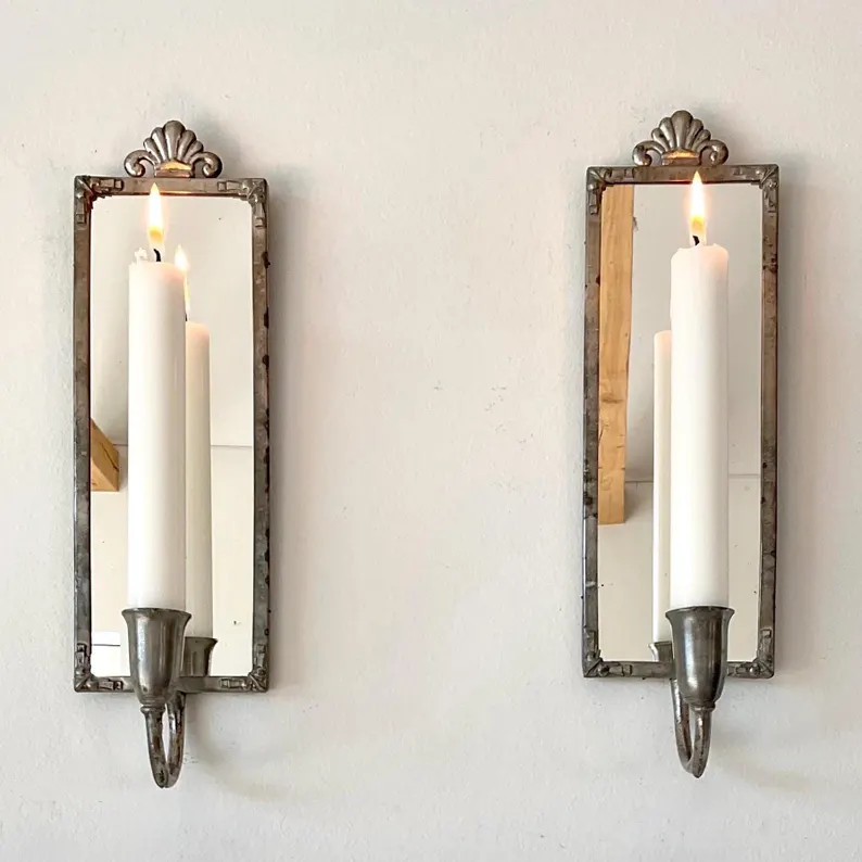 Pair of Swedish Art Deco Mirror Wall Sconces \u2013 Pewter \u2013 Original Rustic Vintage | Etsy (Global)