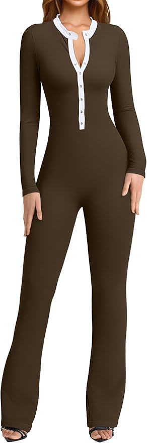 OQQ Women Jumpsuits Long Sleeve Crew Neck Stretch Contrast Workout Active Flared Bottoms Jumpsuit... | Amazon (US)