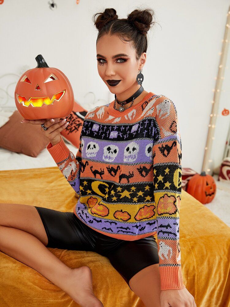 Halloween Pattern Drop Shoulder Sweater | SHEIN