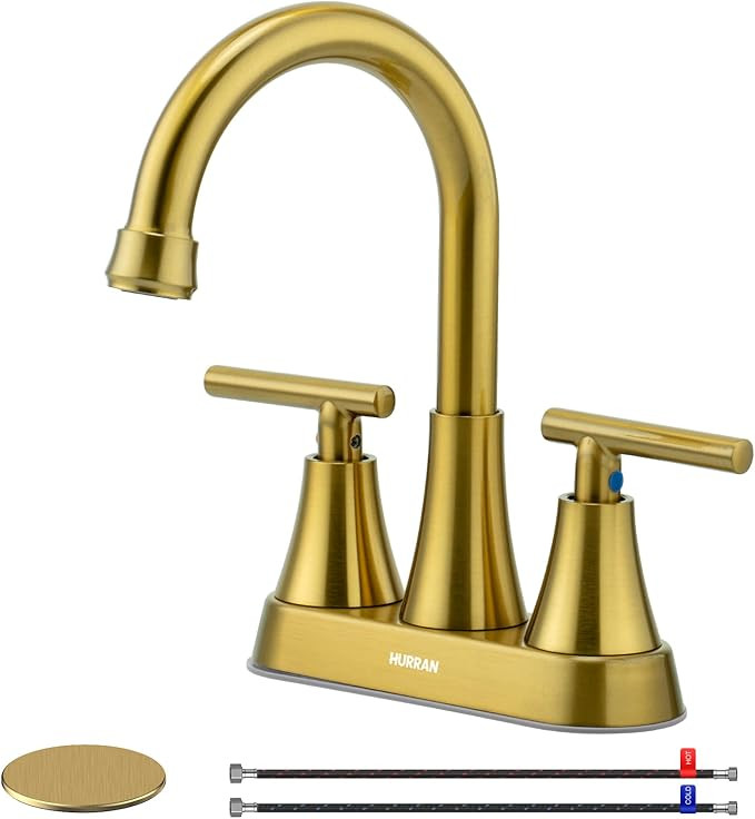4 inch Brushed Gold Bathroom Sink Faucet with Pop-up Drain and 2 Supply Hoses, Stainless Steel Le... | Amazon (US)