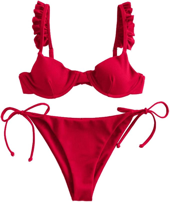 ZAFUL Women's Underwire Push Up Balconette Tie Side String Bikini Set Swimsuit | Amazon (US)