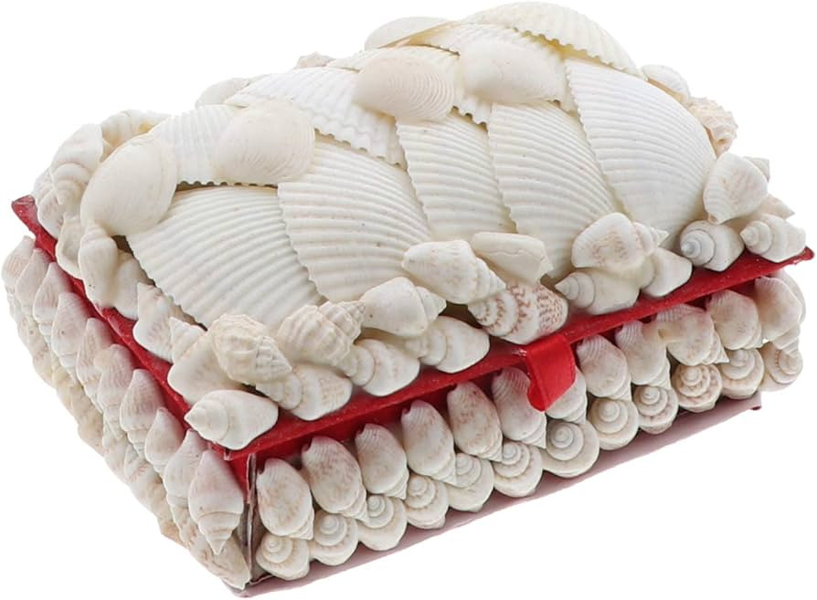 Li'Shay White Seashell Covered Jewelry Trinket Box Treasure Box - 4 Inch - Rectangle with Red Lin... | Amazon (US)